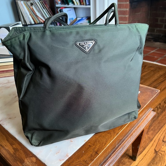 Prada Handbags - Prada Dark Green Tessuto Nylon Logo Zipper